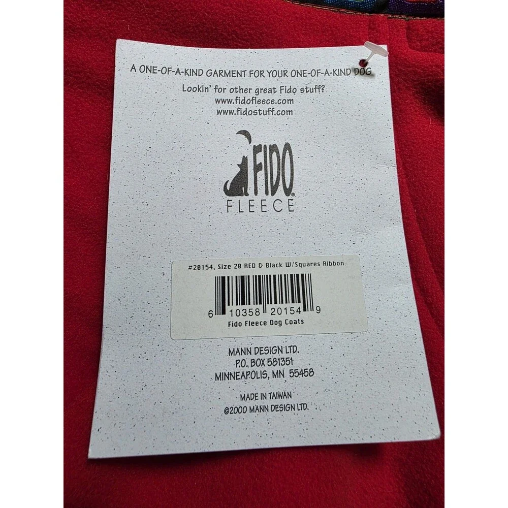Fido Fleece Cozy Dog Jacket Size 20 Red Black Print Ribbon NEW Vintage 90s